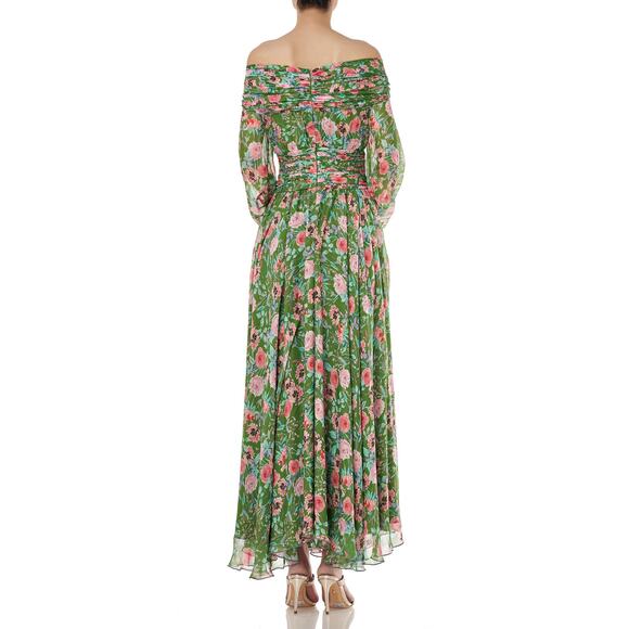 Amur Raven Silk Floral Off-Shoulder Maxi Dress Green Pink Size 0 - Picture 2 of 14